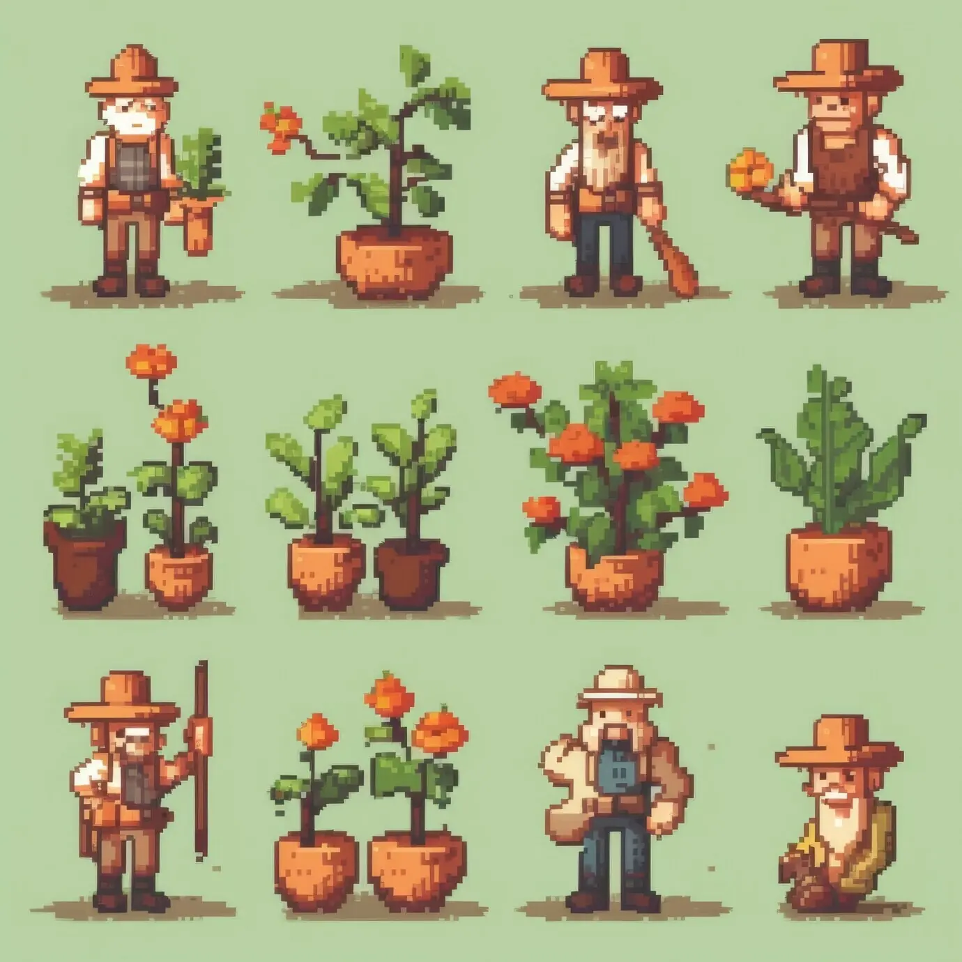 8‑Bit-Spiel-Assets eines Gärtner-Charakters